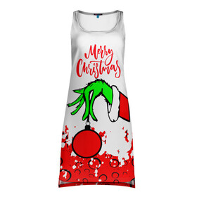 Платье-майка 3D с принтом Merry Christmas Grinch в городе Новоалтайск, 100% полиэстер | полуприлегающий силуэт, широкие бретели, круглый вырез горловины, удлиненный подол сзади. | 2022 | grinch | happy new year | merry christmas | год тигра | гринч | зима близко | нг | новогодний | новый год | новый год 2022 | рождество | снег | снежинки