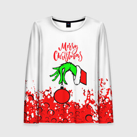 Женский лонгслив 3D с принтом Merry Christmas Grinch в городе Новоалтайск, 100% полиэстер | длинные рукава, круглый вырез горловины, полуприлегающий силуэт | 2022 | grinch | happy new year | merry christmas | год тигра | гринч | зима близко | нг | новогодний | новый год | новый год 2022 | рождество | снег | снежинки