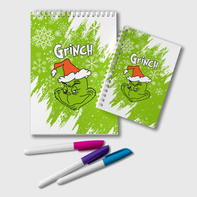 Блокнот с принтом Grinch Green. в городе Новоалтайск, 100% бумага | 48 листов, плотность листов — 60 г/м2, плотность картонной обложки — 250 г/м2. Листы скреплены удобной пружинной спиралью. Цвет линий — светло-серый
 | Тематика изображения на принте: 2022 | grinch | happy new year | merry christmas | год тигра | гринч | зима близко | нг | новогодний | новый год | новый год 2022 | рождество | снег | снежинки