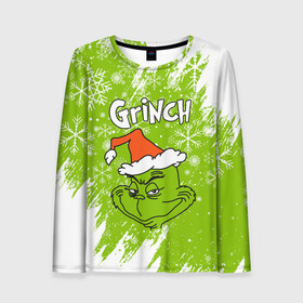 Женский лонгслив 3D с принтом Grinch Green. в городе Новоалтайск, 100% полиэстер | длинные рукава, круглый вырез горловины, полуприлегающий силуэт | 2022 | grinch | happy new year | merry christmas | год тигра | гринч | зима близко | нг | новогодний | новый год | новый год 2022 | рождество | снег | снежинки
