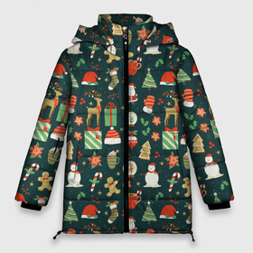 Женская зимняя куртка Oversize с принтом Merry Christmas Happy New Year в городе Новоалтайск, верх — 100% полиэстер; подкладка — 100% полиэстер; утеплитель — 100% полиэстер | длина ниже бедра, силуэт Оверсайз. Есть воротник-стойка, отстегивающийся капюшон и ветрозащитная планка. 

Боковые карманы с листочкой на кнопках и внутренний карман на молнии | 2022 | christmas | new year | год тигра | дед мороз | елка | елки | елочки | зима | куранты | мороз | на новый год | олени | олень | подарки | подарок | рождество | с новым годом | с рождеством | сани | санта | снег