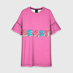 Детское платье 3D с принтом Mr Beast Donut (Pink edition) в городе Новоалтайск, 100% полиэстер | прямой силуэт, чуть расширенный к низу. Круглая горловина, на рукавах — воланы | Тематика изображения на принте: arts | mr beast | mrbeast | youtube | арты | блогеры | мистер бист | прикольные надписи | ютуб | ютуберы