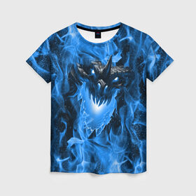 Женская футболка 3D с принтом Дракон в синем пламени Dragon in blue flame в городе Новоалтайск, 100% полиэфир ( синтетическое хлопкоподобное полотно) | прямой крой, круглый вырез горловины, длина до линии бедер | dragon | дракон | миф | монстр | огонь | пламя | фэнтези