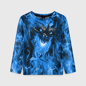 Детский лонгслив 3D с принтом Дракон в синем пламени Dragon in blue flame в городе Новоалтайск, 100% полиэстер | длинные рукава, круглый вырез горловины, полуприлегающий силуэт
 | dragon | дракон | миф | монстр | огонь | пламя | фэнтези