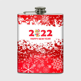 Фляга с принтом Happy New Year 2022. в городе Новоалтайск, металлический корпус | емкость 0,22 л, размер 125 х 94 мм. Виниловая наклейка запечатывается полностью | Тематика изображения на принте: 2022 | happy new year | merry christmas | год тигра | зима близко | нг | новогодний | новогодний тигр | новый год | новый год 2022 | рождество | символ 2022 года | снег | снежинки | тигр