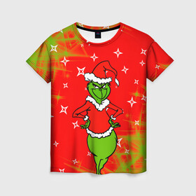 Женская футболка 3D с принтом Новогодний Grinch на танцполе. в городе Новоалтайск, 100% полиэфир ( синтетическое хлопкоподобное полотно) | прямой крой, круглый вырез горловины, длина до линии бедер | 2022 | grinch | happy new year | merry christmas | год тигра | гринч | зима близко | нг | новогодний | новый год | новый год 2022 | рождество | снег | снежинки