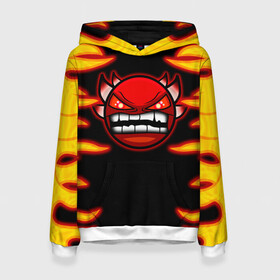 Женская толстовка 3D с принтом Geometry Dash Smiley demon в городе Новоалтайск, 100% полиэстер  | двухслойный капюшон со шнурком для регулировки, мягкие манжеты на рукавах и по низу толстовки, спереди карман-кенгуру с мягким внутренним слоем. | angry | crazy | demon | devil | evil | fire | geometry dash | icons | robtop | smile | геомерия даш | геометри деш | геометри дэш | геометрия дэш | демон | злой смайл | игра геометрия дэш | иконки | огненный | огонь | пламя | платформер