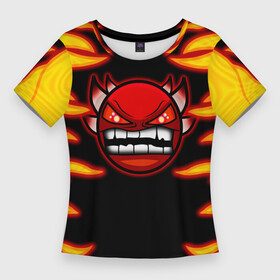 Женская футболка 3D Slim с принтом Geometry Dash Smiley demon в городе Новоалтайск,  |  | angry | crazy | demon | devil | evil | fire | geometry dash | icons | robtop | smile | геомерия даш | геометри деш | геометри дэш | геометрия дэш | демон | злой смайл | игра геометрия дэш | иконки | огненный | огонь | пламя | платформер