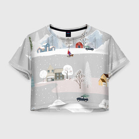 Женская футболка Crop-top 3D с принтом Нoвoгодние Праздники продолжаются 2022 в городе Новоалтайск, 100% полиэстер | круглая горловина, длина футболки до линии талии, рукава с отворотами | 2022 | год | дома | елки | зима | каникулы | новый | праздник | радость | рождество | санки | снег | снеговик | снежки