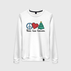 Женский свитшот хлопок с принтом Peace Love and Christmas в городе Новоалтайск, 100% хлопок | прямой крой, круглый вырез, на манжетах и по низу широкая трикотажная резинка  | art | christmas | drawing | heart | love | new year | peace | tree | арт | елка | любовь | мир | новый год | рисунок | рождество | сердце