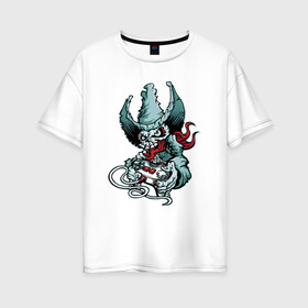 Женская футболка хлопок Oversize с принтом Cool skull - gamer! в городе Новоалтайск, 100% хлопок | свободный крой, круглый ворот, спущенный рукав, длина до линии бедер
 | bandana | eyes | fingers | gamepad | gamer | hands | hat | skull | teeth | бандана | глаза | зубы | игрок | пальцы | руки | череп | шляпа