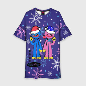Детское платье 3D с принтом New Year Huggy Wuggy Kissy Missy в городе Новоалтайск, 100% полиэстер | прямой силуэт, чуть расширенный к низу. Круглая горловина, на рукавах — воланы | Тематика изображения на принте: huggy | kissy | missy | playtime | poppy | wuggy | вагги | ваги | киси | кисси | миси | мисси | хагги | хаги