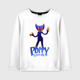 Детский лонгслив хлопок с принтом POPPY PLAYTIME ХАГИ ВАГИ ЛОВИТ ТЕБЯ в городе Новоалтайск, 100% хлопок | круглый вырез горловины, полуприлегающий силуэт, длина до линии бедер | poppy playtime | игра | кукла | монстр | плэйтайм | попи плей тайм | попи плэй тайм | попиплейтам | попиплэйтайм | поппи плейтайм | поппиплэйтайм | хагги вагги | хаги ваги | хоррор