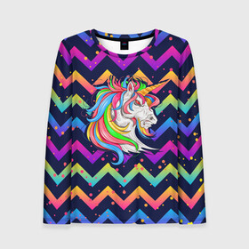 Женский лонгслив 3D с принтом Cерьезный Единорог Frowning Unicorn в городе Новоалтайск, 100% полиэстер | длинные рукава, круглый вырез горловины, полуприлегающий силуэт | angry | neon | unicorn | единорог | злой | кислотный | конь | лошадь | неон | пони | радуга | радужный | сердитый | серьезный | хмурый | юникорн