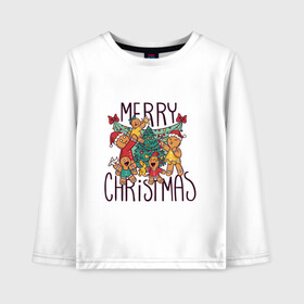 Детский лонгслив хлопок с принтом Merry Christmas в городе Новоалтайск, 100% хлопок | круглый вырез горловины, полуприлегающий силуэт, длина до линии бедер | art | christmas | cookies | drawing | herringbone | holiday | merry christmas | new year | star | toys | tree | арт | елка | елочка | звезда | игрушки | новый год | печенье | праздник | рисунок | рождество