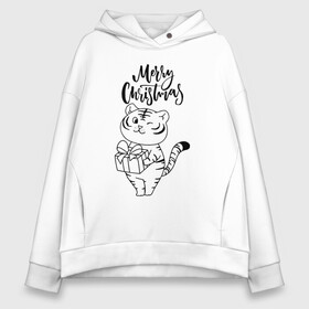 Женское худи Oversize хлопок с принтом Merry Christmas Тигр с подарком. в городе Новоалтайск, френч-терри — 70% хлопок, 30% полиэстер. Мягкий теплый начес внутри —100% хлопок | боковые карманы, эластичные манжеты и нижняя кромка, капюшон на магнитной кнопке | 2022 | happy new year | merry christmas | год тигра | зима близко | нг | новогодний | новогодний тигр | новый год | новый год 2022 | праздник | рождество | символ 2022 года | тигр