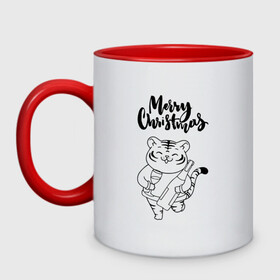 Кружка двухцветная с принтом Merry Christmas Тигр с Шампанским. в городе Новоалтайск, керамика | объем — 330 мл, диаметр — 80 мм. Цветная ручка и кайма сверху, в некоторых цветах — вся внутренняя часть | 2022 | happy new year | merry christmas | год тигра | зима близко | нг | новогодний | новогодний тигр | новый год | новый год 2022 | праздник | рождество | символ 2022 года | тигр