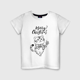 Детская футболка хлопок с принтом Merry Christmas Тигр с Огоньками. в городе Новоалтайск, 100% хлопок | круглый вырез горловины, полуприлегающий силуэт, длина до линии бедер | 2022 | happy new year | merry christmas | год тигра | зима близко | нг | новогодний | новогодний тигр | новый год | новый год 2022 | праздник | рождество | символ 2022 года | тигр