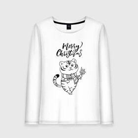 Женский лонгслив хлопок с принтом Merry Christmas Тигр с Огоньками. в городе Новоалтайск, 100% хлопок |  | 2022 | happy new year | merry christmas | год тигра | зима близко | нг | новогодний | новогодний тигр | новый год | новый год 2022 | праздник | рождество | символ 2022 года | тигр