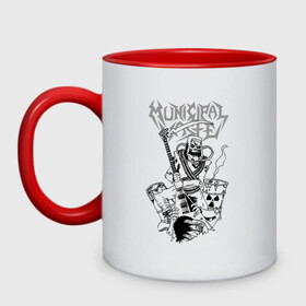 Кружка двухцветная с принтом Municipal Waste   a musical disaster в городе Новоалтайск, керамика | объем — 330 мл, диаметр — 80 мм. Цветная ручка и кайма сверху, в некоторых цветах — вся внутренняя часть | Тематика изображения на принте: barrel | crossover thrash | death | ecology | group | guitar | head | hype | mask | municipal waste | radiation | scythe | skull | бочка | гитара | голова | группа | коммунальные отходы | коса | кроссовер трэш | противогаз | радиация | хайп