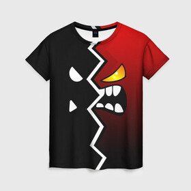 Женская футболка 3D с принтом GEOMETRY DASH ЛЁГКИЙ СЛОЖНЫЙ УРОВЕНЬ в городе Новоалтайск, 100% полиэфир ( синтетическое хлопкоподобное полотно) | прямой крой, круглый вырез горловины, длина до линии бедер | 2d | arcade | demon | game | geometry dash | levels | meltdown | robtop | smile | аркада | геометрический тире | демон | раннер | смайлы | уровни | эмоции