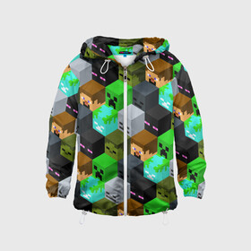 Детская ветровка 3D с принтом MINECRAFT PATTERN МАЙНКРАФТ УЗОР в городе Новоалтайск, 100% полиэстер | подол и капюшон оформлены резинкой с фиксаторами, по бокам два кармана без застежек, один потайной карман на груди | block | craft | creeper | cube | dungeons | game | games | logo | mine | minecraft | miner | pattern | pixel | zombie | блок | геометрия | данжен | зомби | игра | игры | крафт | крипер | кубики | лого | логотип | майкрафт | майн | майнкрафт | 