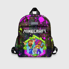 Детский рюкзак 3D с принтом MINECRAFT МАЙНКРАФТ БРЫЗГИ в городе Новоалтайск, 100% полиэстер | лямки с регулируемой длиной, сверху петелька, чтобы рюкзак можно было повесить на вешалку. Основное отделение закрывается на молнию, как и внешний карман. Внутри дополнительный карман. По бокам два дополнительных кармашка | Тематика изображения на принте: block | craft | creeper | cube | dungeons | game | games | logo | mine | minecraft | miner | pixel | zombie | блок | брызги | геометрия | данжен | зомби | игра | игры | крафт | крипер | кубики | лого | логотип | майкрафт | майн | майнкрафт | п