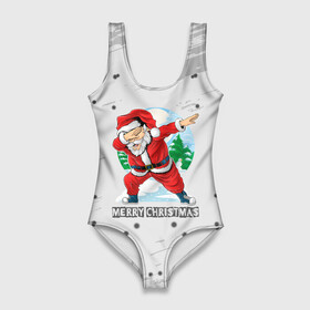 Купальник-боди 3D с принтом Merry Christmas Santa Dabbing. в городе Новоалтайск, 82% полиэстер, 18% эластан | Круглая горловина, круглый вырез на спине | 2022 | dabbing | happy new year | merry christmas | santa dabbing | год тигра | зима близко | нг | новогодний | новогодний тигр | новый год | новый год 2022 | рождество | символ 2022 года | снежинки