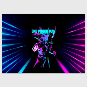 Поздравительная открытка с принтом Неоновый Сайтама One Punch-Man в городе Новоалтайск, 100% бумага | плотность бумаги 280 г/м2, матовая, на обратной стороне линовка и место для марки
 | hagemanto | one punch man | one punchman | onepunchman | saitama | sensei | аниме | ван панч мен | ванпанчмен | лысый плащ | манга | сайтама | сильнейший человек | учитель | человек одинудар | человек одного удара