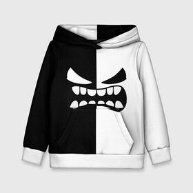 Детская толстовка 3D с принтом GEOMETRY DASH BLACK WHITE DEMON RAGE   ЯРОСТНЫЙ ДЕМОН в городе Новоалтайск, 100% полиэстер | двухслойный капюшон со шнурком для регулировки, мягкие манжеты на рукавах и по низу толстовки, спереди карман-кенгуру с мягким внутренним слоем | 2d | arcade | demon | game | geometry dash | levels | meltdown | robtop | smile | аркада | геометрический тире | демон | раннер | смайлы | уровни | эмоции
