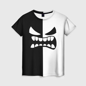 Женская футболка 3D с принтом GEOMETRY DASH BLACK WHITE DEMON RAGE   ЯРОСТНЫЙ ДЕМОН в городе Новоалтайск, 100% полиэфир ( синтетическое хлопкоподобное полотно) | прямой крой, круглый вырез горловины, длина до линии бедер | 2d | arcade | demon | game | geometry dash | levels | meltdown | robtop | smile | аркада | геометрический тире | демон | раннер | смайлы | уровни | эмоции