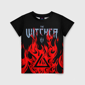 Детская футболка 3D с принтом THE WITCHER 3 ВЕДЬМАК 3 FIRE ОГОНЬ в городе Новоалтайск, 100% гипоаллергенный полиэфир | прямой крой, круглый вырез горловины, длина до линии бедер, чуть спущенное плечо, ткань немного тянется | geralt | the witcher | the witcher wild hunt | witcher | wolf | аард | аксий | белый волк | ведьмак | ведьмак 3 | волк | геральт | игни | ирден | йенифер | каер морхен | квен | охотник | трисс | цири | школа волка