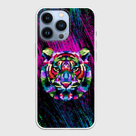 Чехол для iPhone 13 Pro с принтом Тигр Красочный 2022 в городе Новоалтайск,  |  | арт | брызги | голова | грива | кляксы | кошка | краски | неон | тигр | царапины | шерсть