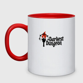 Кружка двухцветная с принтом Darkest Dungeon | Темнейшее подземелье в городе Новоалтайск, керамика | объем — 330 мл, диаметр — 80 мм. Цветная ручка и кайма сверху, в некоторых цветах — вся внутренняя часть | Тематика изображения на принте: colour of madness | crimson court | darkest dungeon | game | logo | roguelike | shieldbreaker | the shieldbreaker | игра | лого | логотип | ролевая игра | темнейшее подземелье