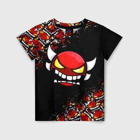 Детская футболка 3D с принтом GEOMETRY DASH PATTERN DEMON в городе Новоалтайск, 100% гипоаллергенный полиэфир | прямой крой, круглый вырез горловины, длина до линии бедер, чуть спущенное плечо, ткань немного тянется | Тематика изображения на принте: 2d | arcade | demon | game | geometry dash | levels | meltdown | robtop | smile | аркада | геометрический тире | демон | раннер | смайлы | уровни | эмоции