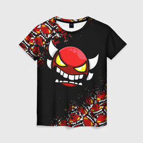 Женская футболка 3D с принтом GEOMETRY DASH PATTERN DEMON в городе Новоалтайск, 100% полиэфир ( синтетическое хлопкоподобное полотно) | прямой крой, круглый вырез горловины, длина до линии бедер | 2d | arcade | demon | game | geometry dash | levels | meltdown | robtop | smile | аркада | геометрический тире | демон | раннер | смайлы | уровни | эмоции