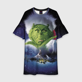 Детское платье 3D с принтом Гринч The Grinch в городе Новоалтайск, 100% полиэстер | прямой силуэт, чуть расширенный к низу. Круглая горловина, на рукавах — воланы | Тематика изображения на принте: grinch | гринч | дед мороз | джим керри | елка | кино | новый год | рождество | санта | снег | снежинка