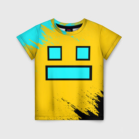 Детская футболка 3D с принтом GEOMETRY DASH SMILE БРЫЗГИ КРАСОК в городе Новоалтайск, 100% гипоаллергенный полиэфир | прямой крой, круглый вырез горловины, длина до линии бедер, чуть спущенное плечо, ткань немного тянется | Тематика изображения на принте: 2d | arcade | demon | game | geometry dash | levels | meltdown | robtop | smile | аркада | брызги | брызги красок | геометрический тире | демон | краски | раннер | смайлы | уровни | эмоции