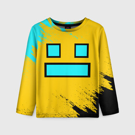 Детский лонгслив 3D с принтом GEOMETRY DASH SMILE БРЫЗГИ КРАСОК в городе Новоалтайск, 100% полиэстер | длинные рукава, круглый вырез горловины, полуприлегающий силуэт
 | 2d | arcade | demon | game | geometry dash | levels | meltdown | robtop | smile | аркада | брызги | брызги красок | геометрический тире | демон | краски | раннер | смайлы | уровни | эмоции