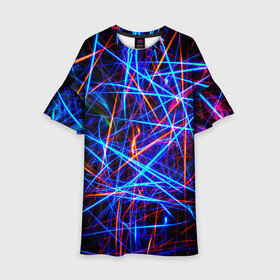 Детское платье 3D с принтом NEON LINES Glowing Lines Effect в городе Новоалтайск, 100% полиэстер | прямой силуэт, чуть расширенный к низу. Круглая горловина, на рукавах — воланы | Тематика изображения на принте: rave neon | живые линии | неновые лучи | неон | неоновая лампа | неоновая ночь | неоновые ленты | неоновые линии разных цветов | неоновый рейв | светящиеся линии | флекс неон | эффект неона