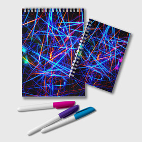 Блокнот с принтом NEON LINES Glowing Lines Effect в городе Новоалтайск, 100% бумага | 48 листов, плотность листов — 60 г/м2, плотность картонной обложки — 250 г/м2. Листы скреплены удобной пружинной спиралью. Цвет линий — светло-серый
 | Тематика изображения на принте: rave neon | живые линии | неновые лучи | неон | неоновая лампа | неоновая ночь | неоновые ленты | неоновые линии разных цветов | неоновый рейв | светящиеся линии | флекс неон | эффект неона