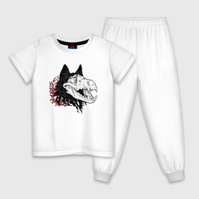 Детская пижама хлопок с принтом Fashionable avant garde wolf в городе Новоалтайск, 100% хлопок |  брюки и футболка прямого кроя, без карманов, на брюках мягкая резинка на поясе и по низу штанин
 | Тематика изображения на принте: bones | fangs | fashion | flowers | hype | jaw | skull | teeth | vanguard | wolf | авангард | волк | зубы | клыки | мода | пасть | хайп | цветы | череп