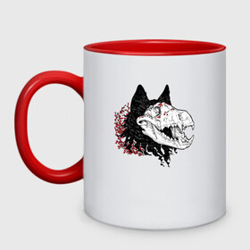 Кружка двухцветная с принтом Fashionable avant-garde wolf в городе Новоалтайск, керамика | объем — 330 мл, диаметр — 80 мм. Цветная ручка и кайма сверху, в некоторых цветах — вся внутренняя часть | Тематика изображения на принте: bones | fangs | fashion | flowers | hype | jaw | skull | teeth | vanguard | wolf | авангард | волк | зубы | клыки | мода | пасть | хайп | цветы | череп