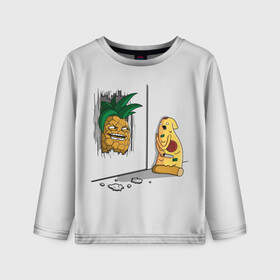 Детский лонгслив 3D с принтом HERES PINEAPPLE в городе Новоалтайск, 100% полиэстер | длинные рукава, круглый вырез горловины, полуприлегающий силуэт
 | here | is | johnny | mem | meme | memes | pineapple | pizza | shining | ананас | джонни | мем | мемы | пица | пицца | сияние | это