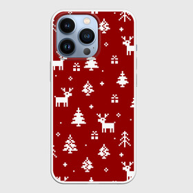 Чехол для iPhone 13 Pro с принтом Новогодние олени и елки на красном фоне в городе Новоалтайск,  |  | 2021 | 2022 | christmas | merry | merry christmas | new year | snow | sweater | ugly christmas | winter | зима | новогодний | новогодняя | новый год | рождественский | рождественский свитер | рождество | свитер | снег