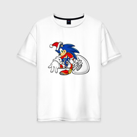 Женская футболка хлопок Oversize с принтом Santa Claus Sonic the Hedgehog в городе Новоалтайск, 100% хлопок | свободный крой, круглый ворот, спущенный рукав, длина до линии бедер
 | claus | santa | sonic | sonic team | sonic the hedgehog | ежик | мультик | мультяшный | новогодний | рождество | соник