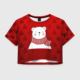 Женская футболка Crop-top 3D с принтом МЕДВЕЖОНОК УМКА БЕЛЫЙ МИШКА в городе Новоалтайск, 100% полиэстер | круглая горловина, длина футболки до линии талии, рукава с отворотами | 2021 | new year | деда мороза | друг | ёлка | ёлочка | к нам приходит | как у всех | клауса | костюм | красный | медведь | медвежонок | новогодний | новый год | праздник | рекомендации | рождество | санты | узор