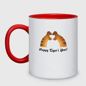 Кружка двухцветная с принтом Happy Tigers Year! в городе Новоалтайск, керамика | объем — 330 мл, диаметр — 80 мм. Цветная ручка и кайма сверху, в некоторых цветах — вся внутренняя часть | holiday | new year | paws | tiger | лапы | новый год | праздник | тигр