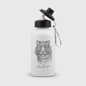 Бутылка спортивная с принтом Happy Tiger Year! в городе Новоалтайск, металл | емкость — 500 мл, в комплекте две пластиковые крышки и карабин для крепления | ears | eyes | holiday | muzzle | new year | skin | tiger | view | глаза | новый год | праздник | тигр | уши