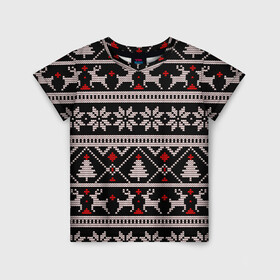 Детская футболка 3D с принтом DEER SWEATER СВИТЕР С ОЛЕНЯМИ в городе Новоалтайск, 100% гипоаллергенный полиэфир | прямой крой, круглый вырез горловины, длина до линии бедер, чуть спущенное плечо, ткань немного тянется | 2022 | christmas | cold | deer | merry | new | snow | winter | year | буря | вязаный | год | елка | елки | ель | зима | лес | метель | мороз | новый | олени | олень | оленями | рождество | с | свитер | снег | снежинка | снежинки | холод